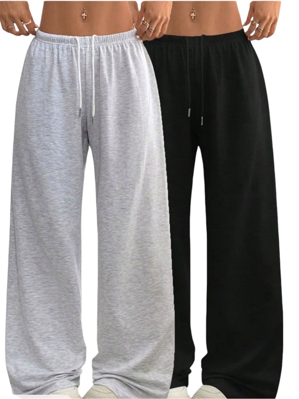 Wide-Leg Drawstring Sweatpants - Black & Light Gray